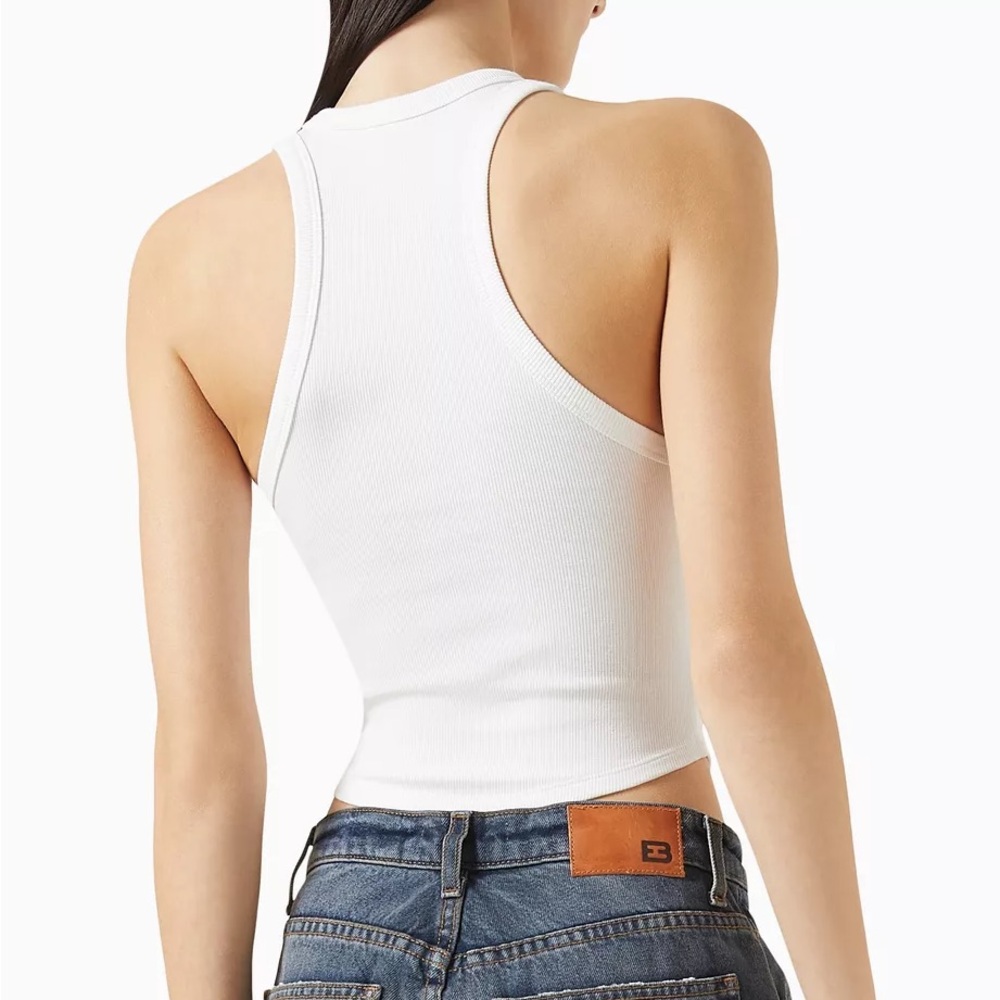 EB Denim Curve Hem Ribbed White High-Neck Sleeveless Tank Top - Picture 2 of 5